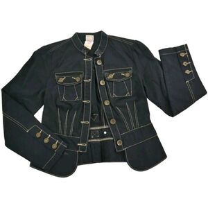 Vintage 80s Faded Glory Black Denim Band Jacket M Contrast Stitching Steampunk‎